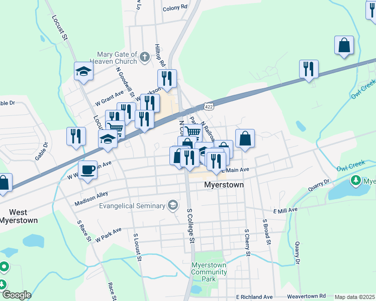 map of restaurants, bars, coffee shops, grocery stores, and more near 102 North College Street in Myerstown