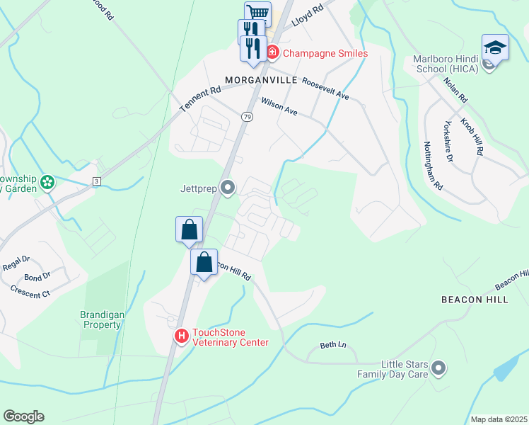 map of restaurants, bars, coffee shops, grocery stores, and more near 204 Knightsbridge Lane in Marlboro Township