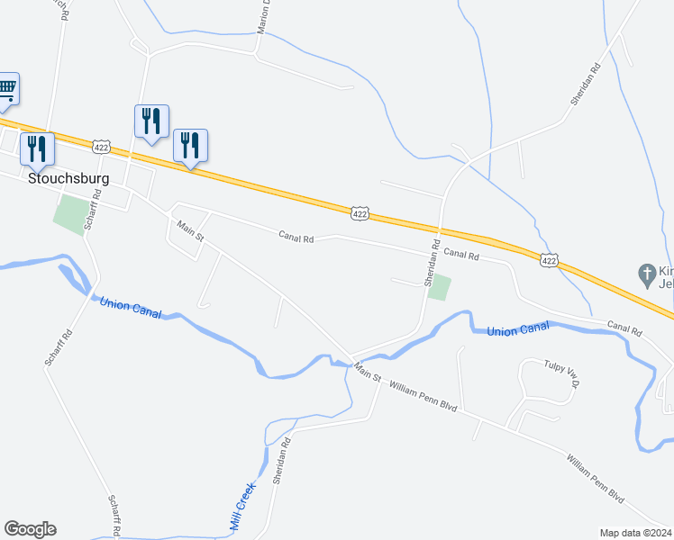 map of restaurants, bars, coffee shops, grocery stores, and more near 404 Sheridan Road in Womelsdorf