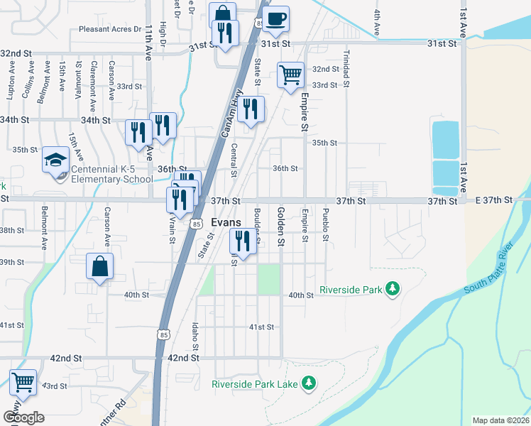 map of restaurants, bars, coffee shops, grocery stores, and more near 3705 Golden Street in Evans