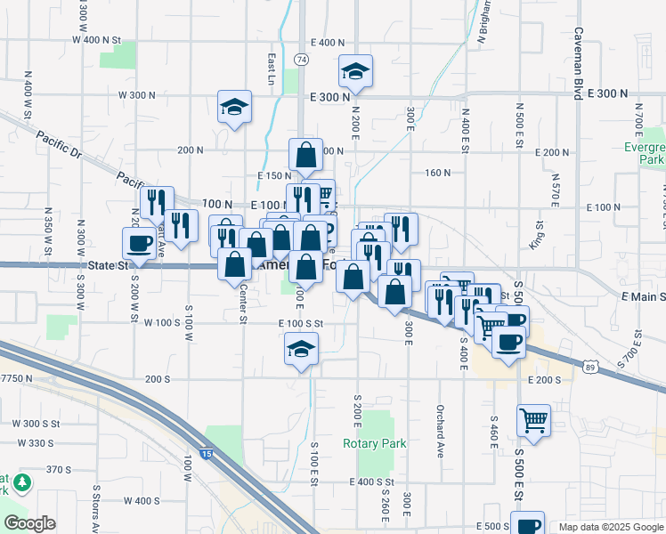 map of restaurants, bars, coffee shops, grocery stores, and more near 108 East State Street in American Fork
