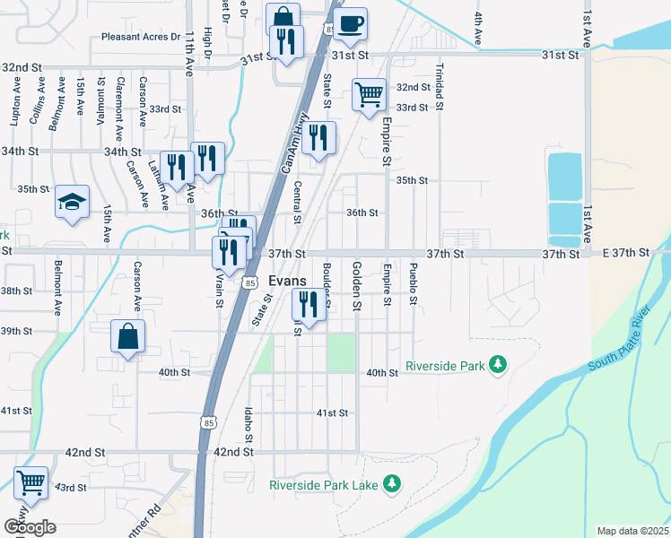 map of restaurants, bars, coffee shops, grocery stores, and more near 3705 Golden Street in Evans