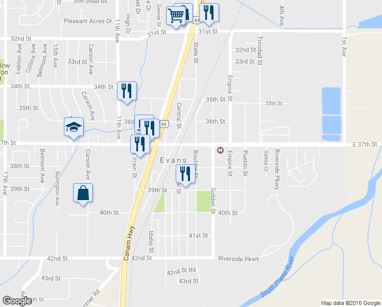 map of restaurants, bars, coffee shops, grocery stores, and more near 3702 Central Street in Evans