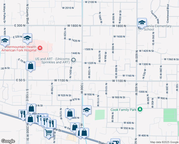 map of restaurants, bars, coffee shops, grocery stores, and more near 1210 North 1200 West in Pleasant Grove