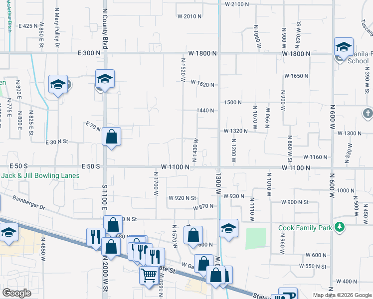 map of restaurants, bars, coffee shops, grocery stores, and more near 1232 North 1520 West in Pleasant Grove