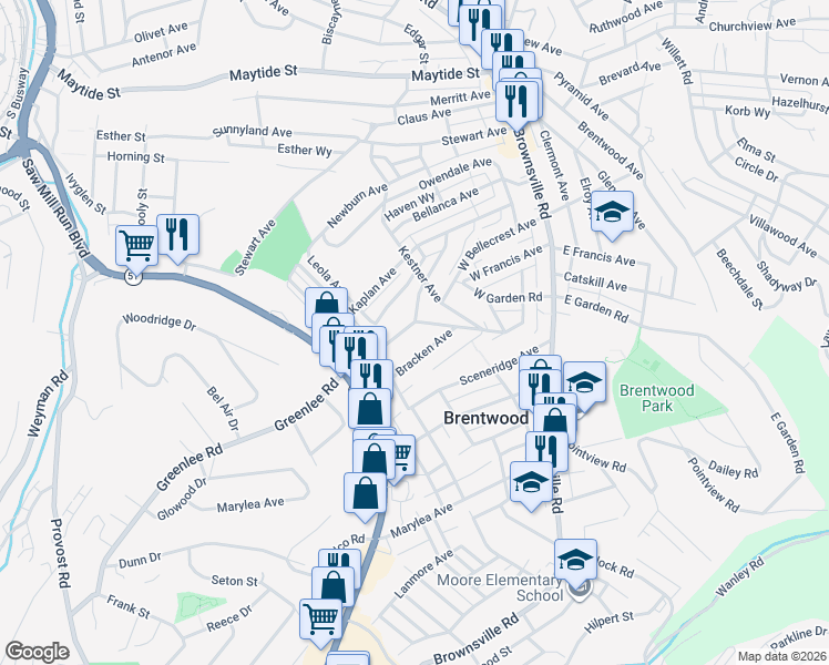 map of restaurants, bars, coffee shops, grocery stores, and more near 248 Greenlee Road in Pittsburgh
