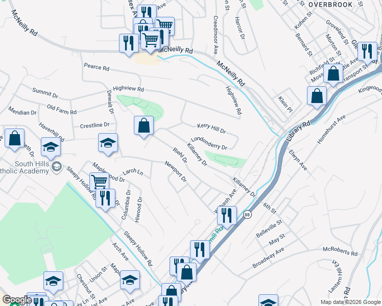 map of restaurants, bars, coffee shops, grocery stores, and more near 809 Killarney Drive in Pittsburgh