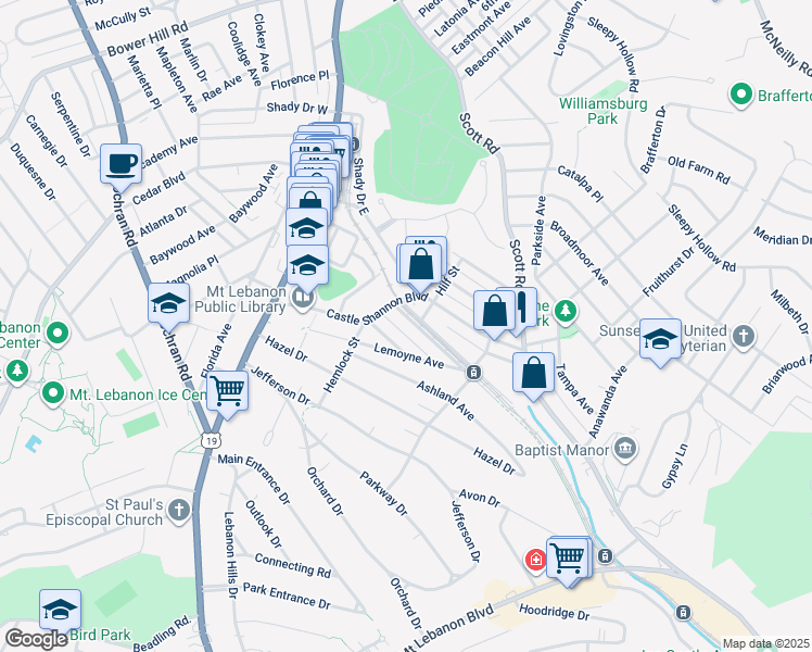 map of restaurants, bars, coffee shops, grocery stores, and more near 210 Pennsylvania Boulevard in Pittsburgh