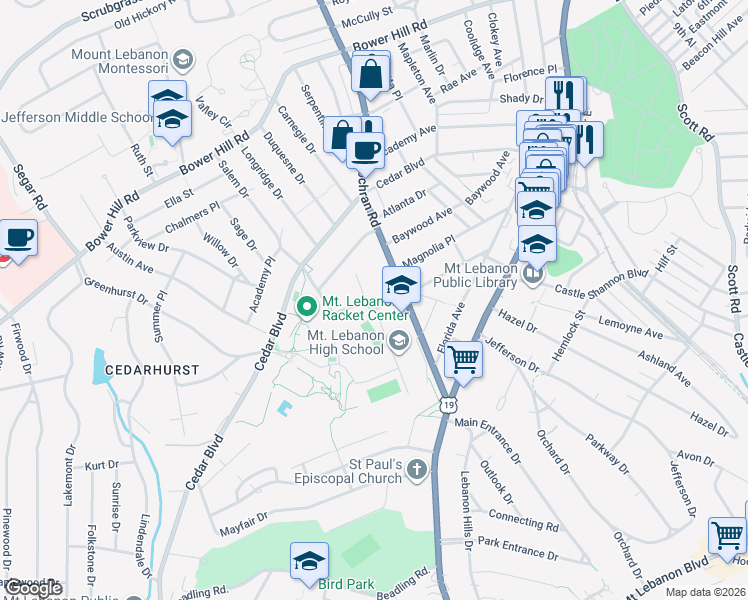 map of restaurants, bars, coffee shops, grocery stores, and more near 863 Towercrest Drive in Pittsburgh