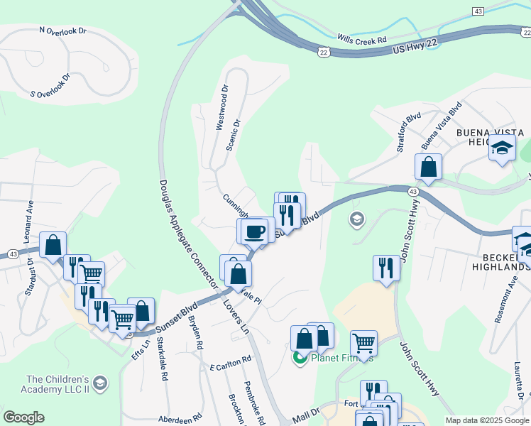 map of restaurants, bars, coffee shops, grocery stores, and more near 106 Cunningham Drive in Steubenville
