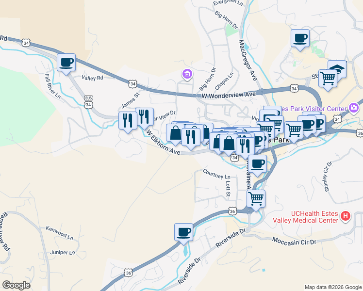 map of restaurants, bars, coffee shops, grocery stores, and more near 433 West Elkhorn Avenue in Estes Park