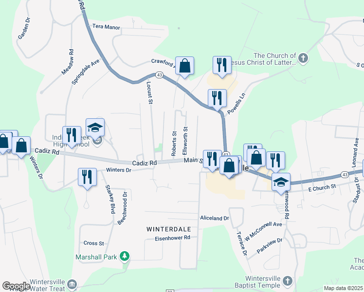 map of restaurants, bars, coffee shops, grocery stores, and more near 111 Ellsworth Street in Wintersville