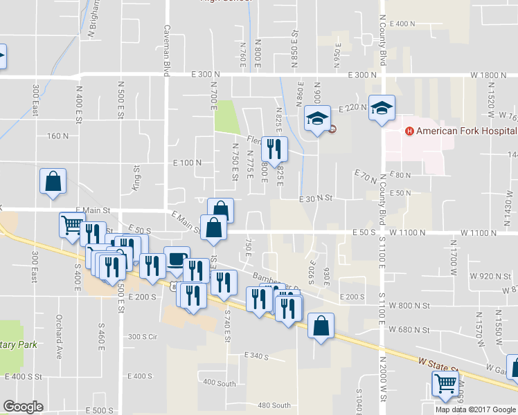 map of restaurants, bars, coffee shops, grocery stores, and more near 797 10 South in American Fork