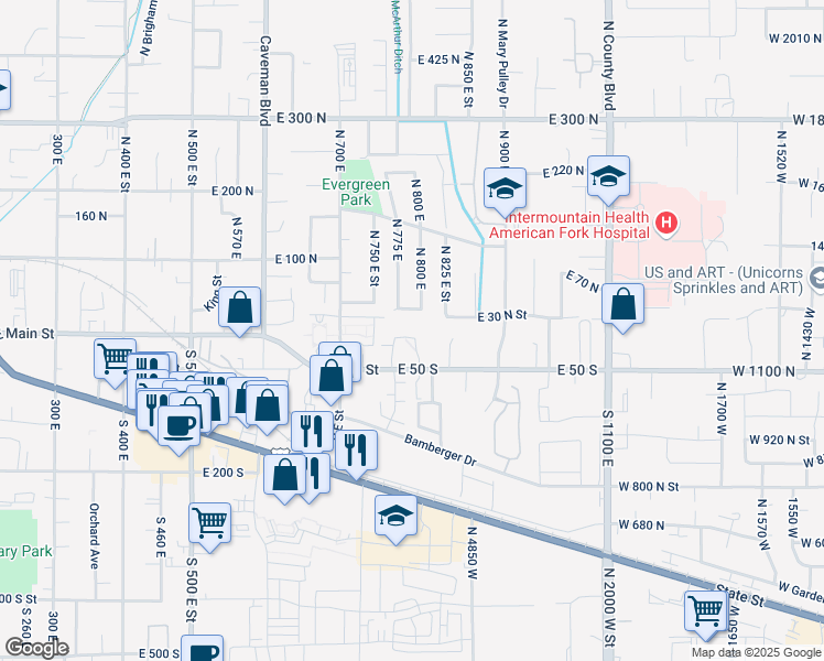 map of restaurants, bars, coffee shops, grocery stores, and more near 797 10 South in American Fork