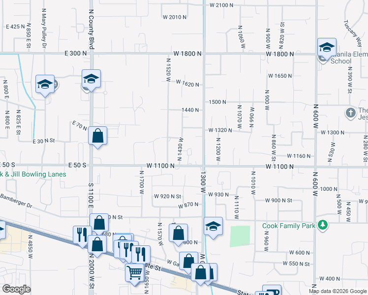 map of restaurants, bars, coffee shops, grocery stores, and more near 1422 West 1190 North in Pleasant Grove