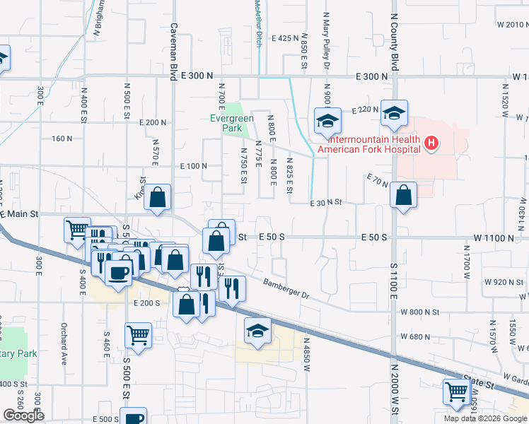 map of restaurants, bars, coffee shops, grocery stores, and more near 781 10 South in American Fork