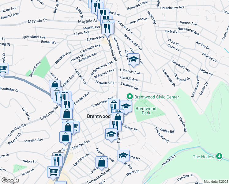 map of restaurants, bars, coffee shops, grocery stores, and more near 3336 Brownsville Road in Pittsburgh