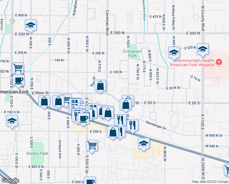 map of restaurants, bars, coffee shops, grocery stores, and more near 632 East 30 North in American Fork