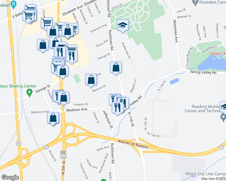 map of restaurants, bars, coffee shops, grocery stores, and more near 407 Pennsylvania Avenue in Reading
