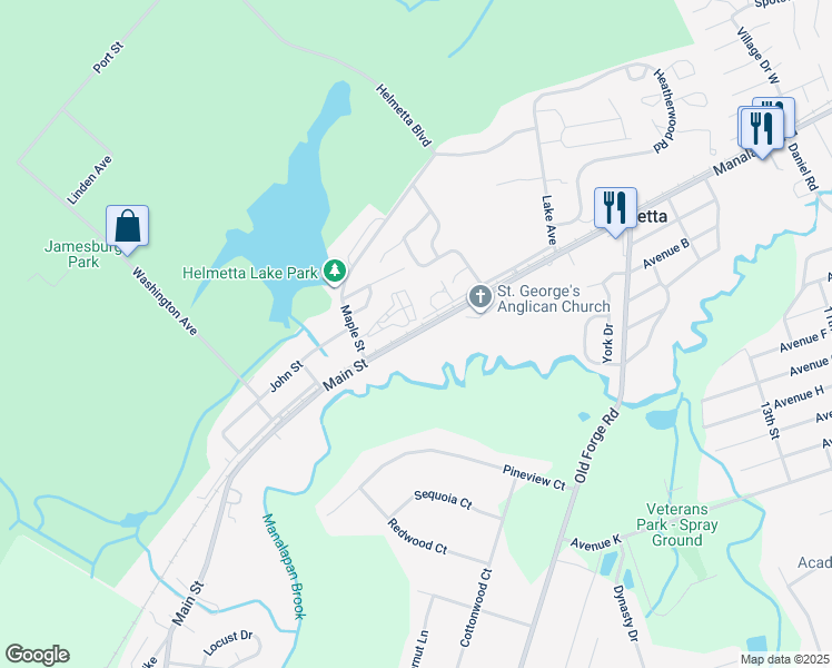 map of restaurants, bars, coffee shops, grocery stores, and more near 62 Main Street in Helmetta