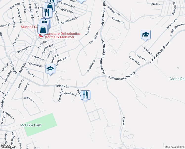 map of restaurants, bars, coffee shops, grocery stores, and more near 1143 Brierly Lane in Munhall