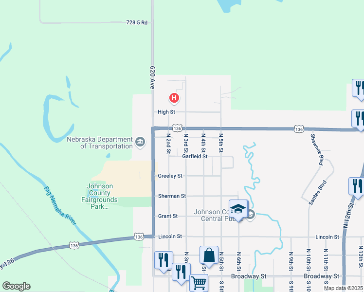 map of restaurants, bars, coffee shops, grocery stores, and more near 753 North 3rd Street in Tecumseh