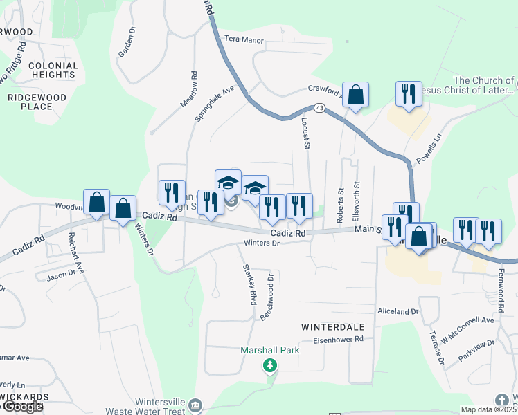 map of restaurants, bars, coffee shops, grocery stores, and more near 100 Park Drive in Wintersville