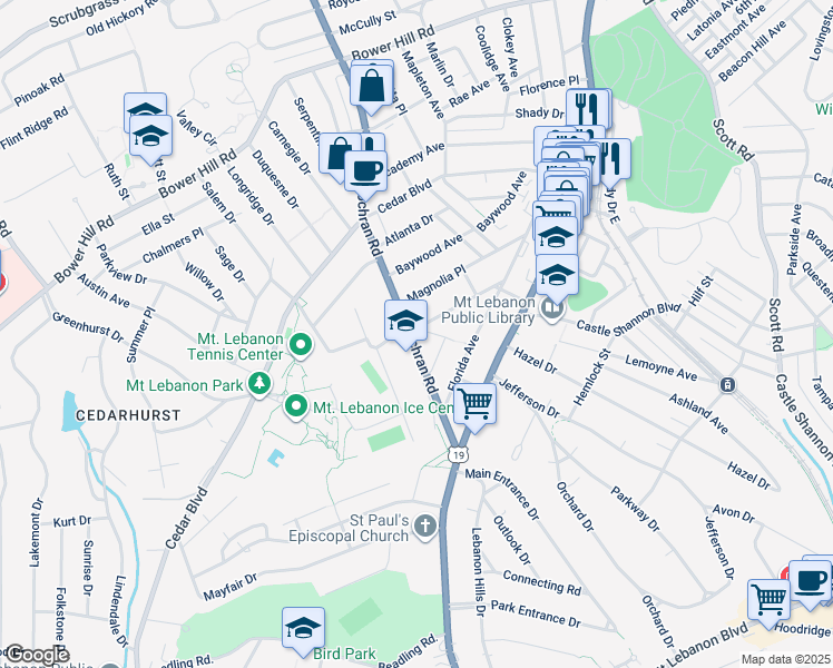 map of restaurants, bars, coffee shops, grocery stores, and more near 174 Cochran Road in Pittsburgh