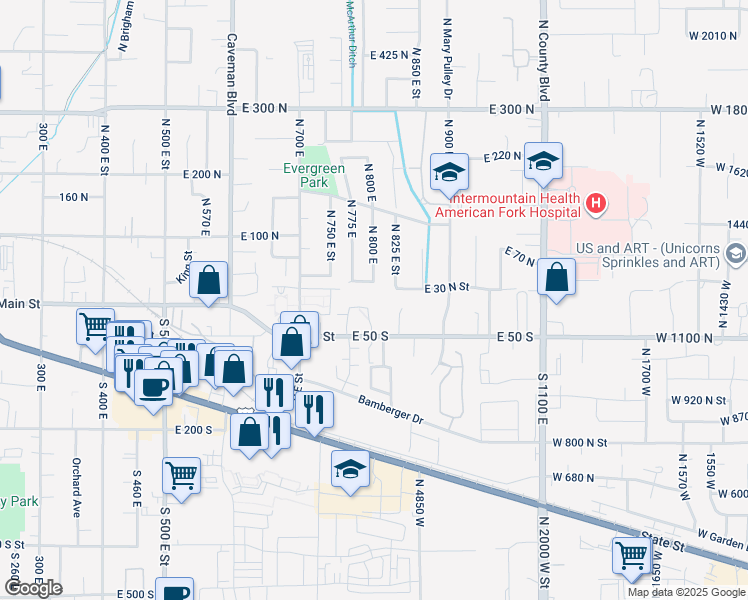 map of restaurants, bars, coffee shops, grocery stores, and more near 783 10 South in American Fork