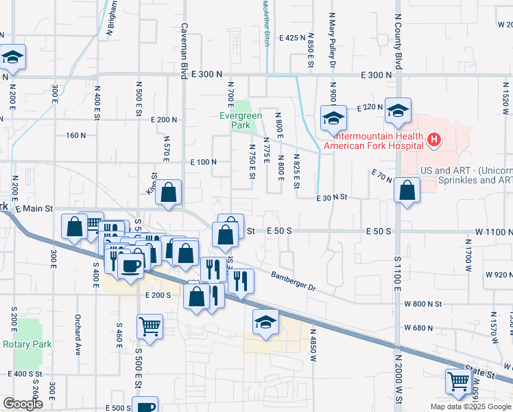 map of restaurants, bars, coffee shops, grocery stores, and more near 16 North 700 East Street in American Fork