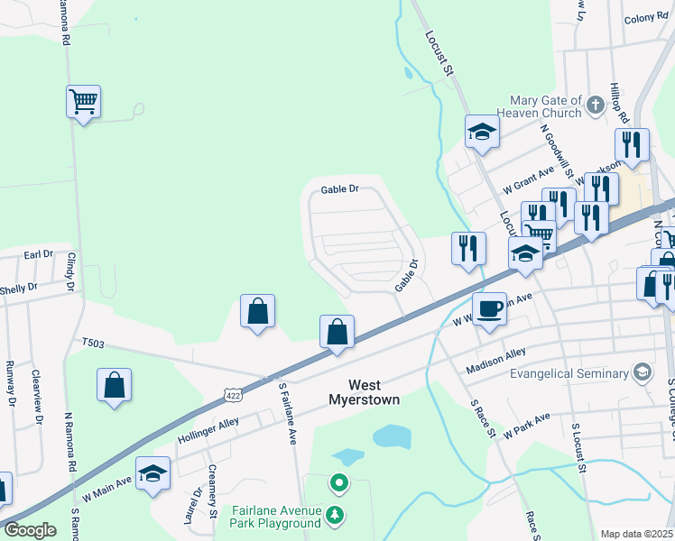 map of restaurants, bars, coffee shops, grocery stores, and more near 212 Limestone Drive in Myerstown