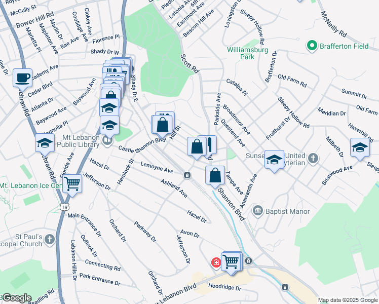 map of restaurants, bars, coffee shops, grocery stores, and more near 235 Castle Shannon Boulevard in Pittsburgh