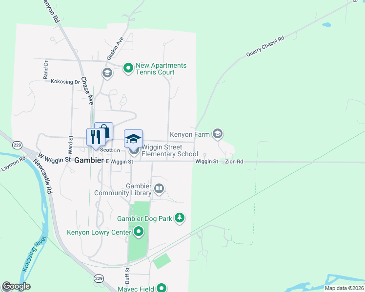 map of restaurants, bars, coffee shops, grocery stores, and more near 468 East Brooklyn Street in Gambier