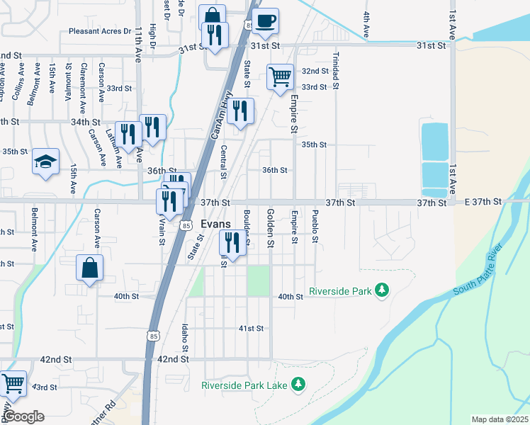 map of restaurants, bars, coffee shops, grocery stores, and more near 3705 Golden Street in Evans