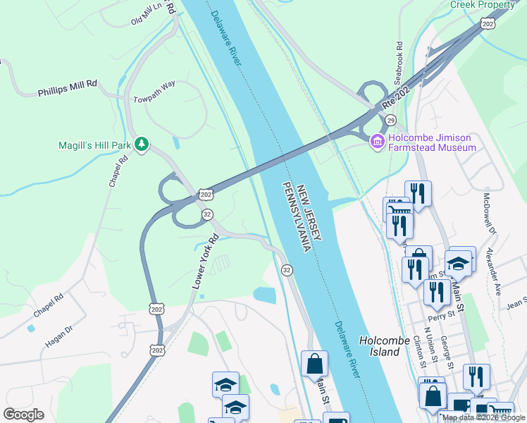 map of restaurants, bars, coffee shops, grocery stores, and more near 2458 River Road in New Hope