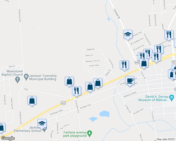 map of restaurants, bars, coffee shops, grocery stores, and more near 298 Limestone Drive in Myerstown