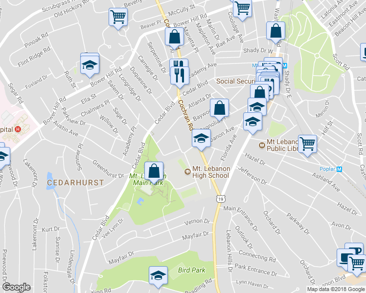 map of restaurants, bars, coffee shops, grocery stores, and more near 863 Towercrest Drive in Pittsburgh