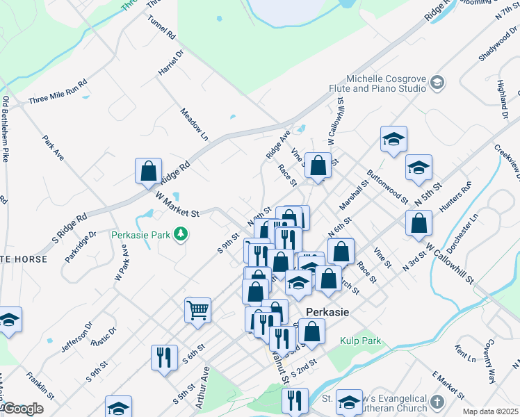 map of restaurants, bars, coffee shops, grocery stores, and more near 100 Ridge Avenue in Perkasie