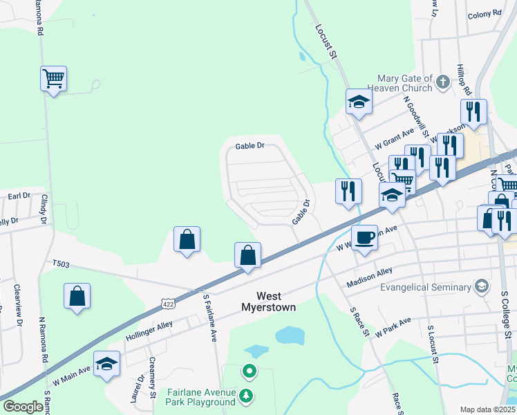 map of restaurants, bars, coffee shops, grocery stores, and more near 216 Limestone Drive in Myerstown
