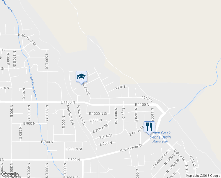 map of restaurants, bars, coffee shops, grocery stores, and more near 865 East 1170 North in Pleasant Grove