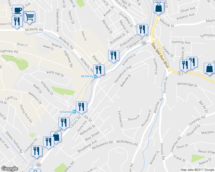 map of restaurants, bars, coffee shops, grocery stores, and more near 2781 Coveton Street in Pittsburgh