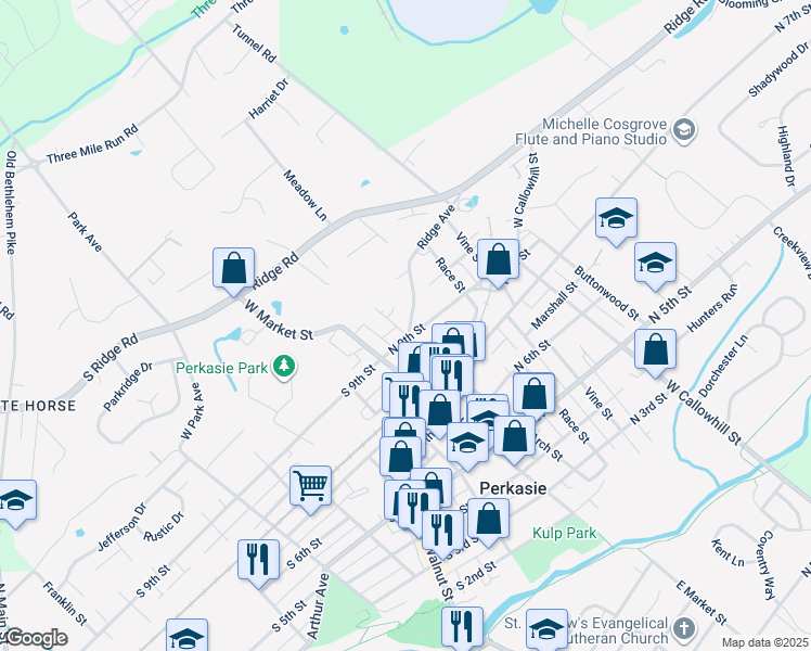 map of restaurants, bars, coffee shops, grocery stores, and more near 100 Ridge Avenue in Perkasie