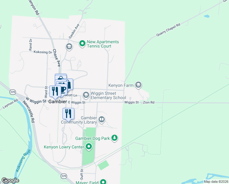 map of restaurants, bars, coffee shops, grocery stores, and more near 468 East Brooklyn Street in Gambier