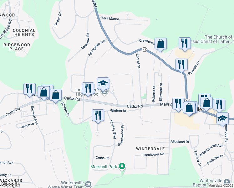 map of restaurants, bars, coffee shops, grocery stores, and more near 100 Park Drive in Wintersville