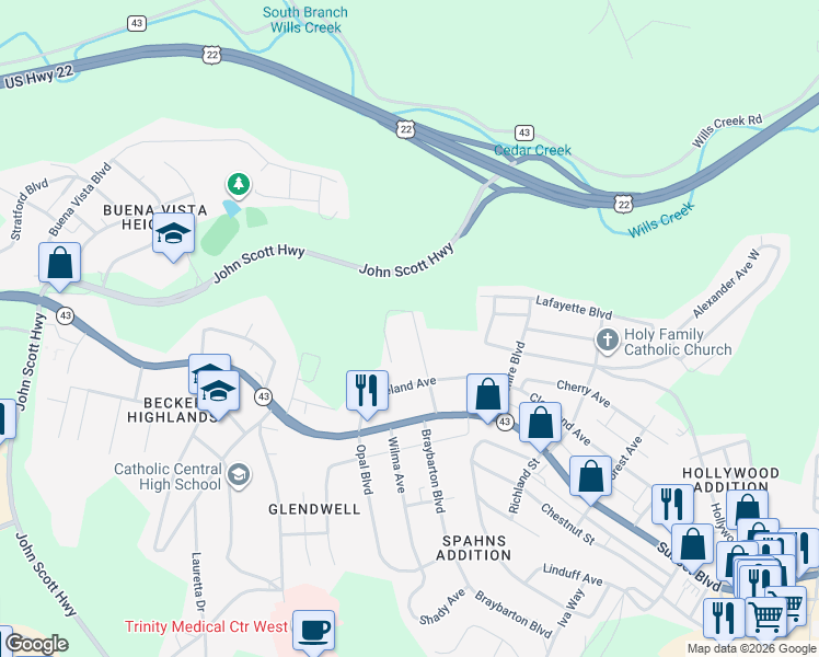 map of restaurants, bars, coffee shops, grocery stores, and more near 233 Rockdale Street in Steubenville
