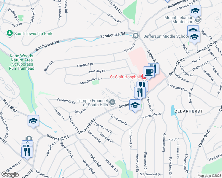 map of restaurants, bars, coffee shops, grocery stores, and more near 1170 Bower Hill Rd in Scott Township