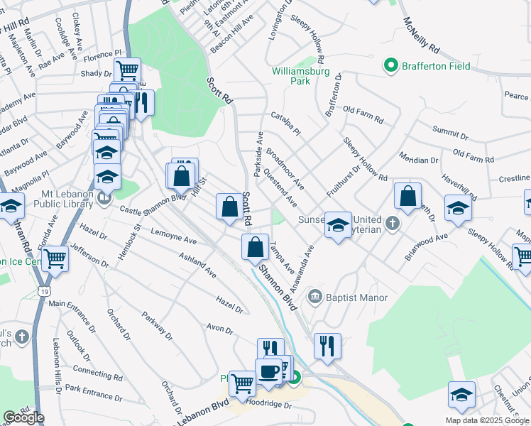 map of restaurants, bars, coffee shops, grocery stores, and more near 350 Birch Avenue in Pittsburgh