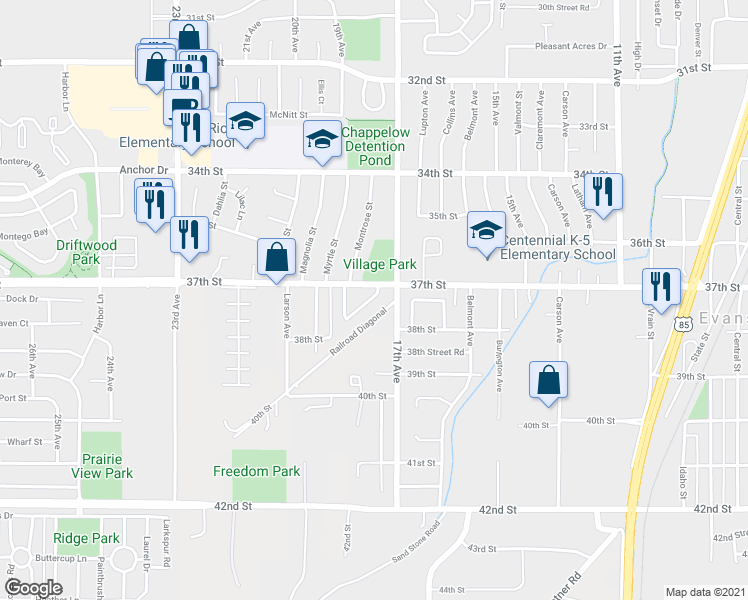 map of restaurants, bars, coffee shops, grocery stores, and more near 3706 Whitney Way in Evans