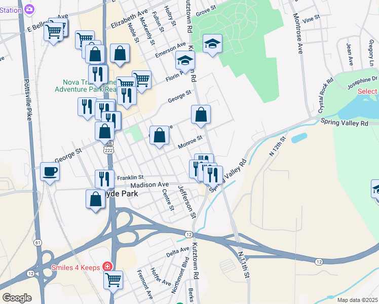 map of restaurants, bars, coffee shops, grocery stores, and more near 16 Monroe Street in Reading