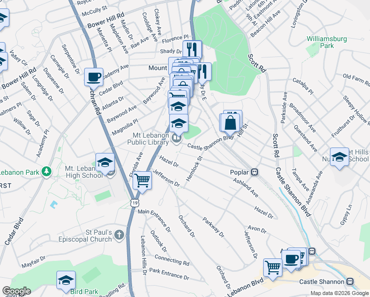map of restaurants, bars, coffee shops, grocery stores, and more near 34 Castle Shannon Boulevard in Pittsburgh